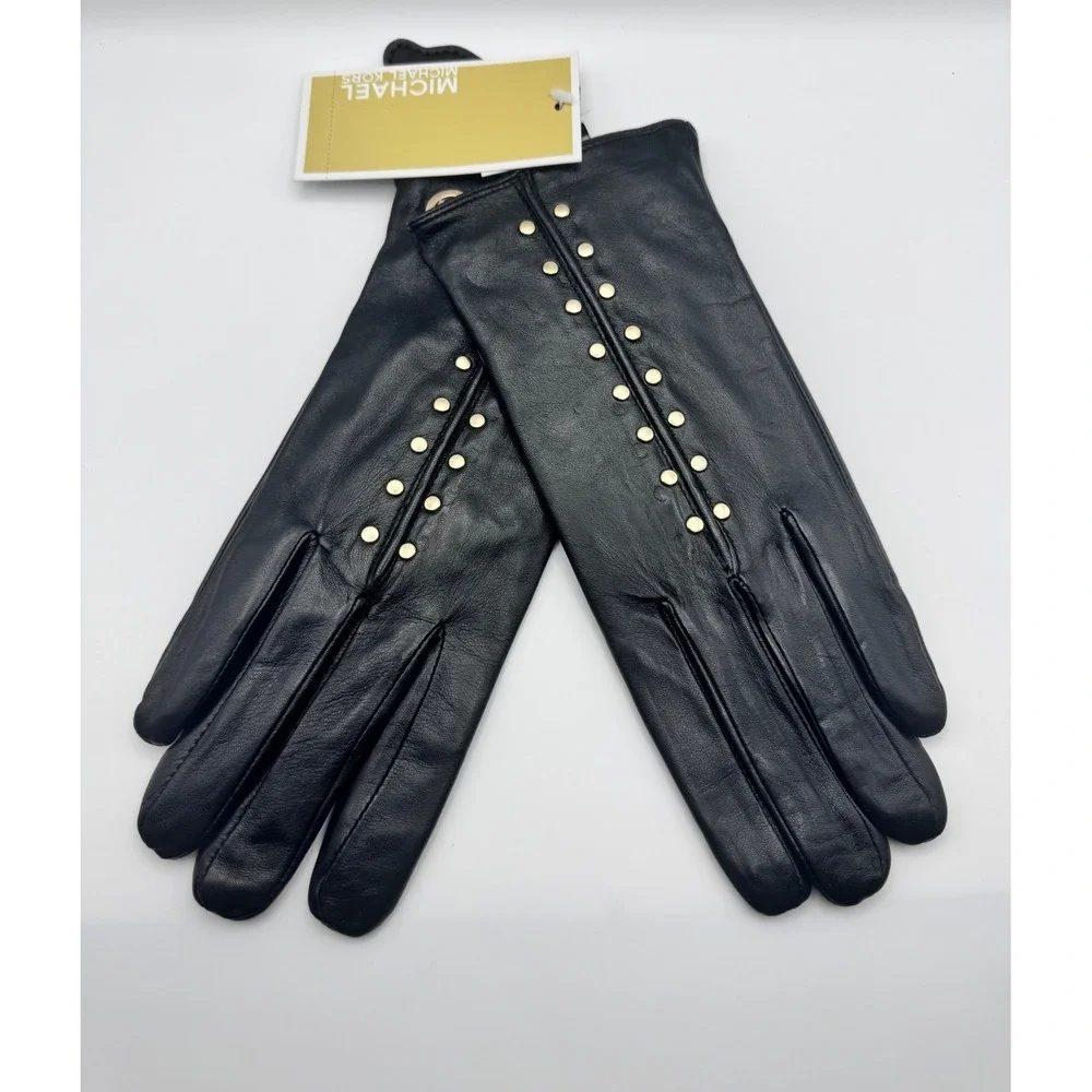 NWT Michael Kors Black Astor Leather Studded Tech Gloves Women's Size S MSRP $98